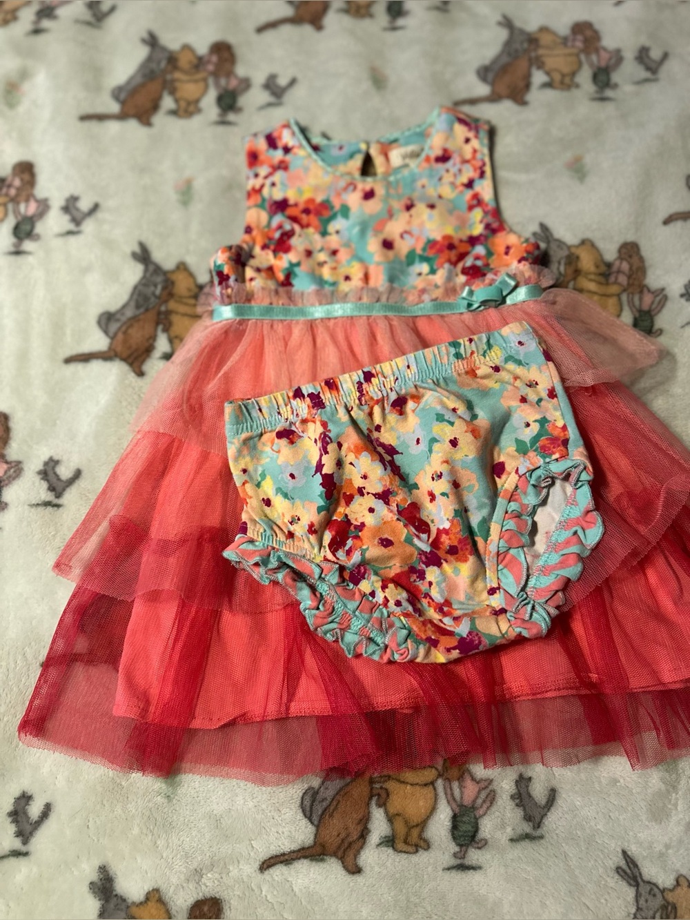 Matilda Jane Coral and Aqua Floral Tulle Dress with Blooming Bloomer